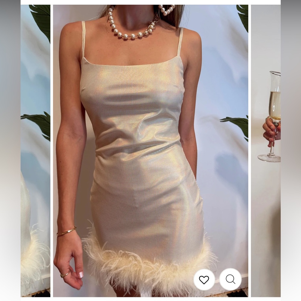 12th Tribe Champagne Feather-Trim Mini Dress